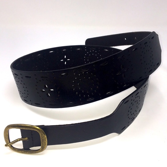 LINEA PELLE wide black punched leather belt - Picture 1 of 11